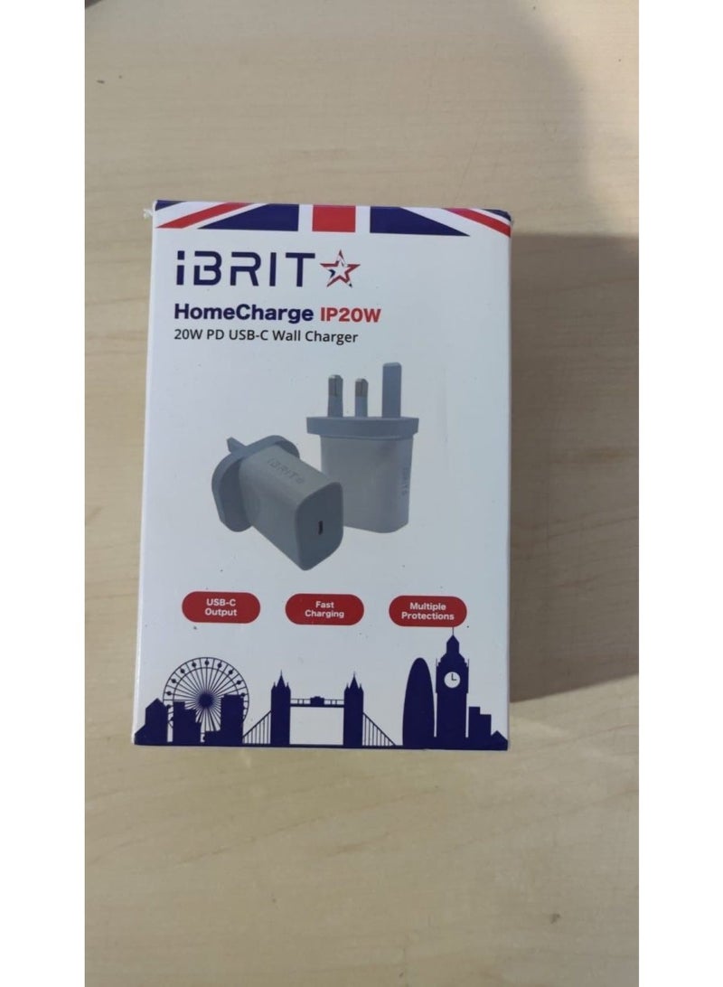 إبريت شاحن حائط iBrit HomeCharge IP20W USB-C - محول شحن سريع PD بقوة 20 واط - قابس ثلاثي الأطراف قياسي بريطاني - Image 1